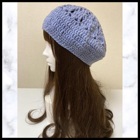 ニット帽　ブルー　手編み　ベレー帽　お花の模様　1年中着用できる　通気性あり