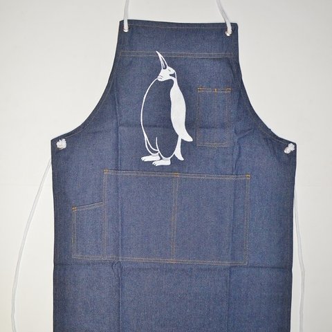 ペンギンのエプロン、penguin apron, デニム素材