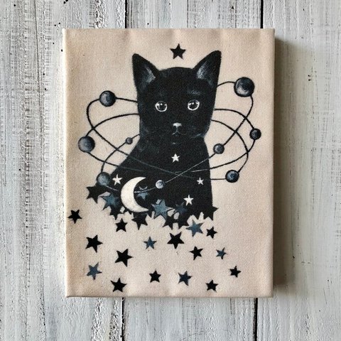 星月猫★アート「星月猫 くろ」絵画 F0 複製画　木製パネル貼り「004」猫