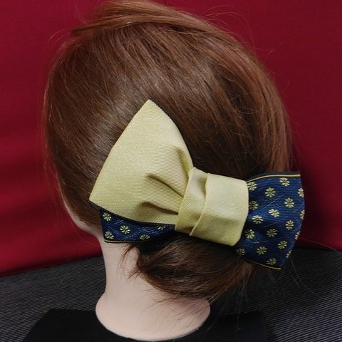 髪飾り◆畳縁リボン/紺に黄色の小花
