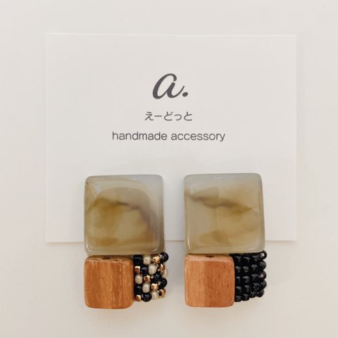 pierce・earring  marble×wood×black