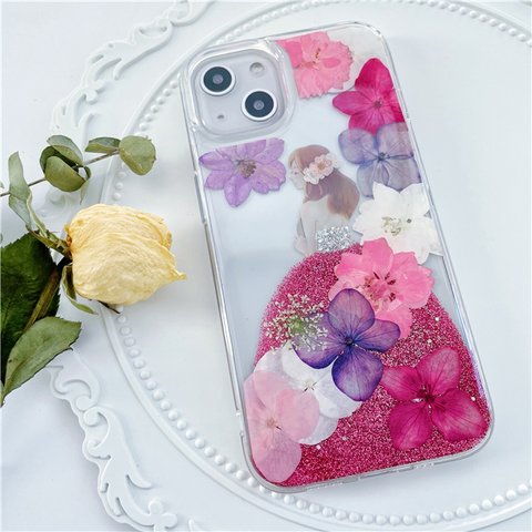 紫陽花、押し花スマホケース、全機種対応、iFace風、手帳型、iPhone14、iPhone14Pro、iPhone13、iPhone14plus、iPhone12、ストラップホルダ一