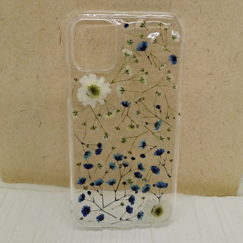 かすみ草　ブルー　押し花iphoneケース　押し花スマホケース　iPhone11