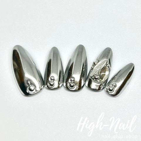 ミラーネイル・シルバー　派手目デザイン　ネイルチップ　【High-Nail　No.29】