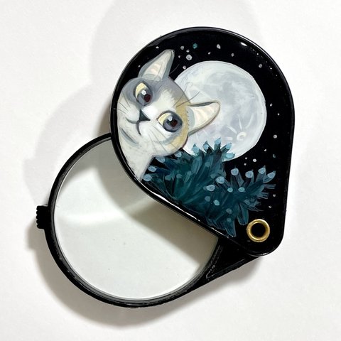 拡大鏡(70) 月夜の三毛猫 コンパクト 携帯 ルーペ  原画
