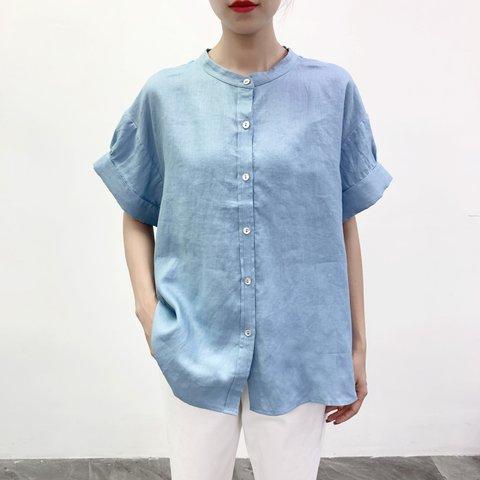 ★★en-enリネン・シェフ風シャツ・太カフス付きギャザー袖シャツ・くすみ水色