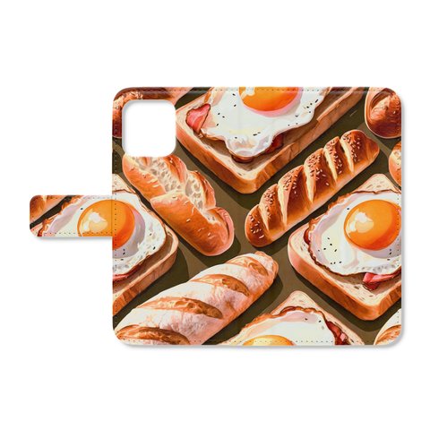 目玉焼きがトッピングされたかわいいパンの手帳型スマホケース　iPhone Android各機種対応  ハイクオリティタイプ
