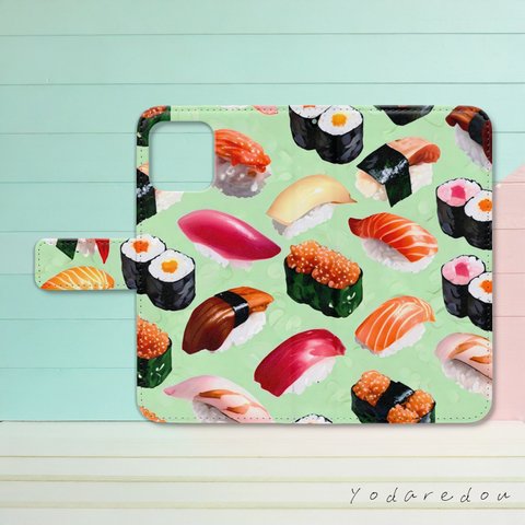 美味しそうなお寿司のイラスト手帳型スマホケース 【2】 　iPhone Android各機種対応  ハイクオリティタイプ