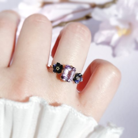 -Jewelry Flower-  夜桜とアメジストのワイヤーリング(2月誕生石)