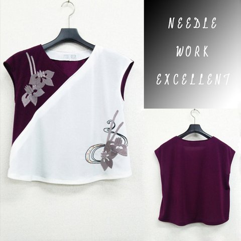 【NEEDLE WORK EXCELLENT】フレンチスリーブＴブラウス　着物風　梅紫×生成 