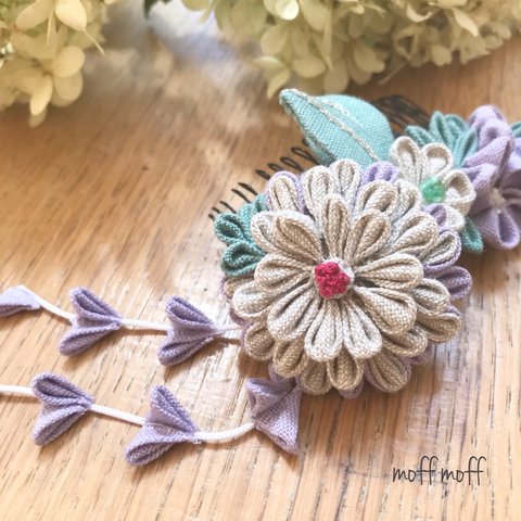 【即納】国産リネンのつまみ細工髪飾り　簪　麻　刺繍　花　かんざし　ヘアアクセサリー　浴衣・着物に♪