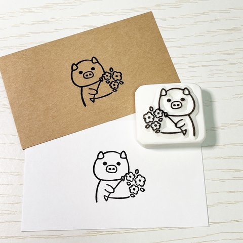 ぶたさんと花束の消しゴムはんこ