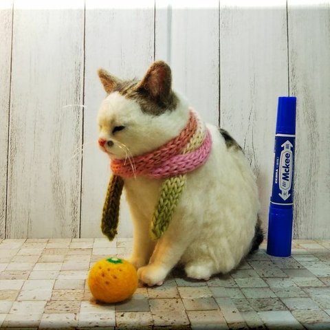 羊毛フェルト　猫　ブサ猫　キジシロ猫さん　キジ白　ジャパニーズボブテイル　ねこ　ネコ　猫フィギュア　