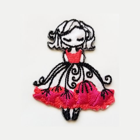 赤い花(ポピー)ドレスのガール・アップリケ刺繍シール
