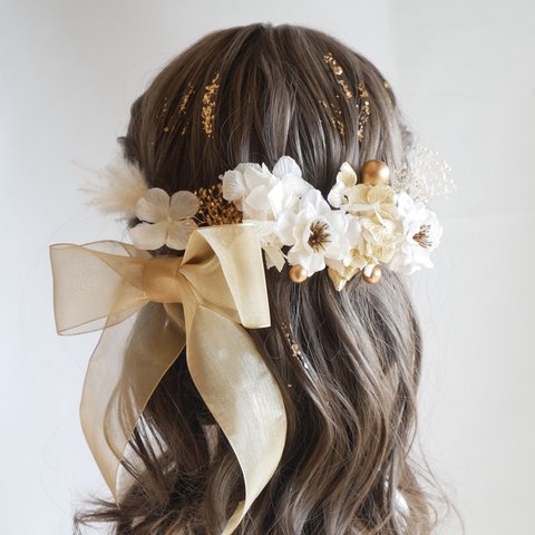 O8 オーガンジーリボン　ドライフラワー　髪飾り　ゴールド　白　桜　卒業式　袴　成人式　振袖　結婚式　