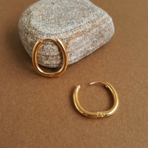 [2pcs] サージカル ステンレス  オーバル フープ ピアス 20mm  one touch 24KGP