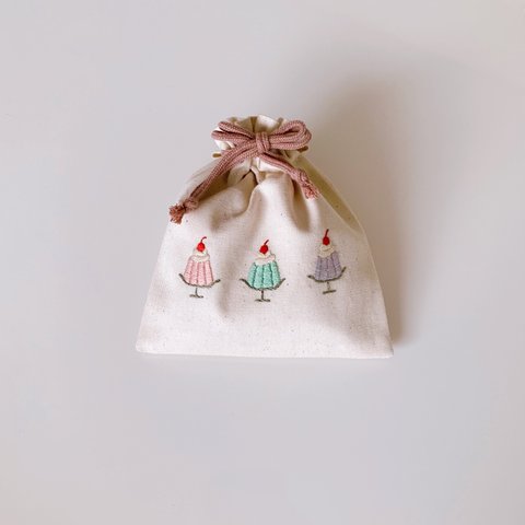 【手刺繍】レトロゼリー刺繍の四角い巾着【Sサイズ】幅13cm