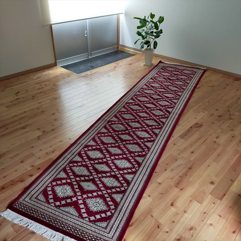 軽くて畳める手織り パキスタン絨毯 ハイクオリティ 廊下敷き 344x80cm　レッド