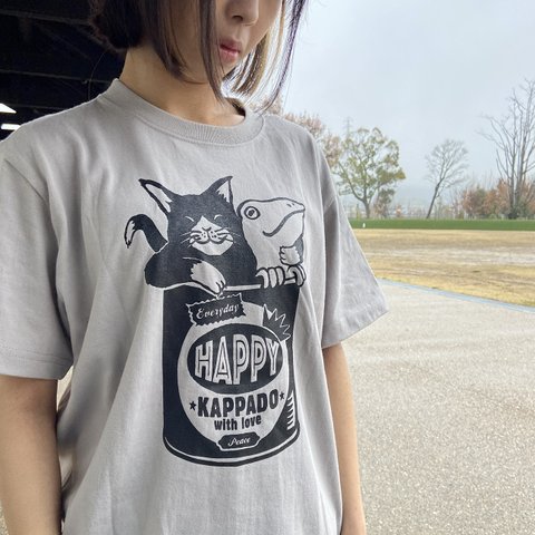 猫とカエルのTシャツ（ライトグレー）【S】男女兼用