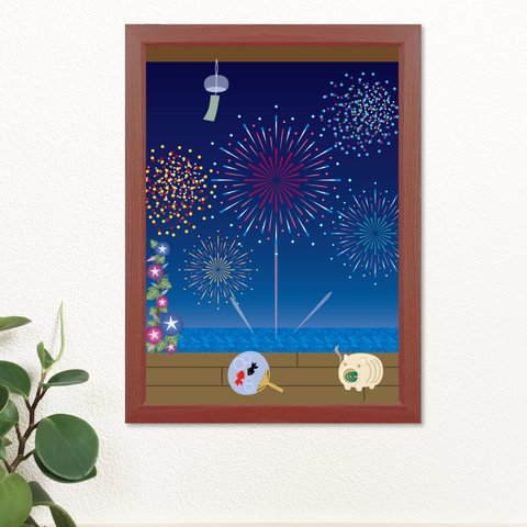 日本の夏、花火と蚊取り豚のアートポスター