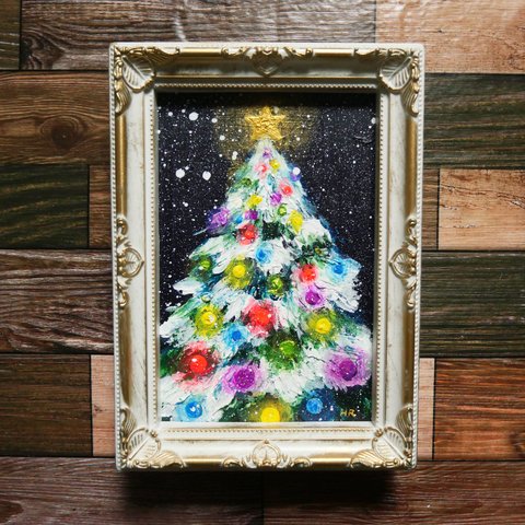 油絵 絵画 ミニ絵画【雪のクリスマスツリー】