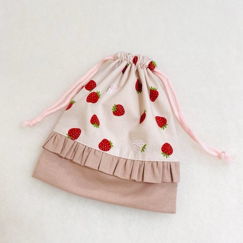 苺フリルの巾着袋