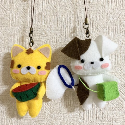 …受注生産…ハンドメイド  フェルト　リース　部品　マスコット　夏　トラくんとイヌくん