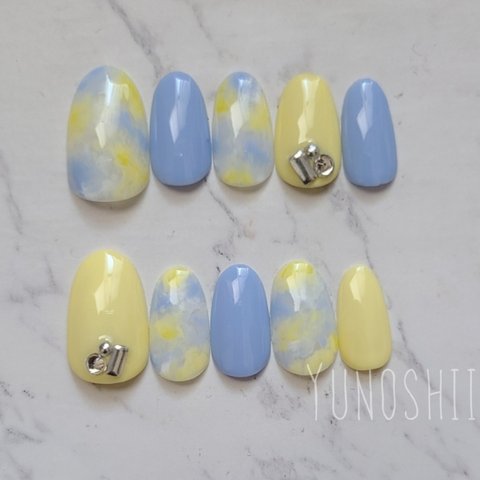 Pastel marbleネイルチップ Aqua×Yellow