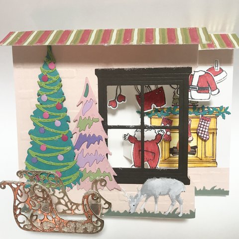 クリスマス立体カード 「Santa's suits」 サンタクロース クリスマスツリー くつ下 暖炉 トナカイ ソリ 窓 柊 stampinup  スタンピンアップ ポップアップ