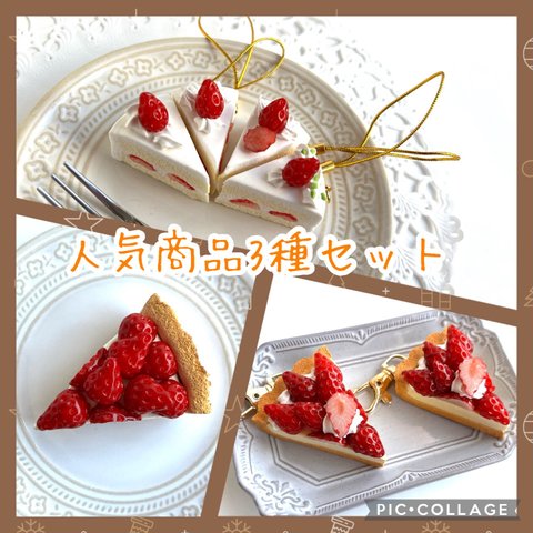 〈人気3種セット〉フェイクスイーツ詰め合わせ♡ショートケーキ♡いちごタルト♡ストラップ＆マグネット