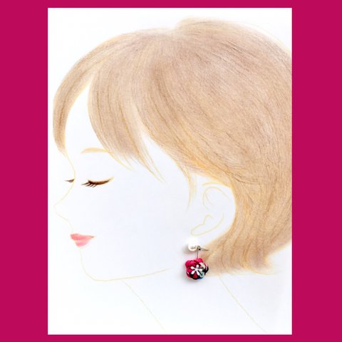 梅の花ゆれる一粒パールピアス 〜紅赤色〜つまみ細工❇︎一点物❇︎成人式❇︎卒業式❇︎浴衣