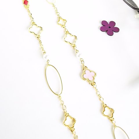 【 再販売 】アクセサリー グラスコード。.:*  pink  flower .:* (gold)