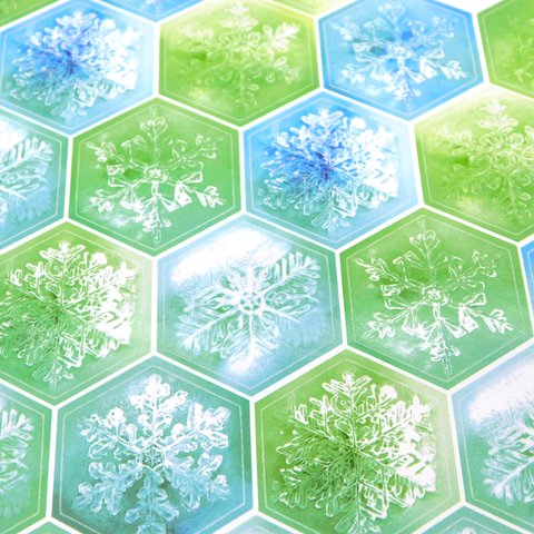 雪の結晶の六角形光沢紙シール ブルー～グリーン40枚+α