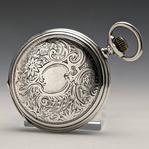 1902年頃 アンティーク ロンジン 懐中時計 アール・ヌーヴォー彫刻 銀側ハンターケース 動作良好