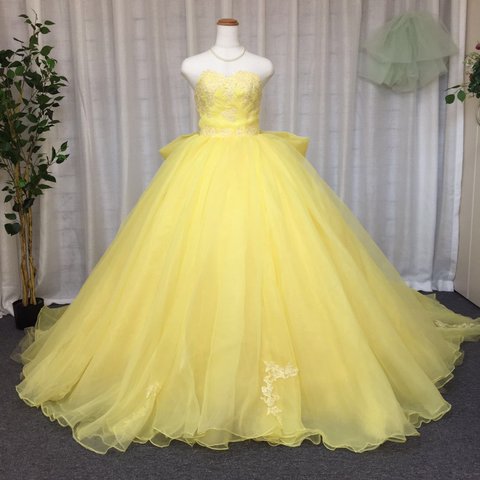 オーガンジーの素材、リボンありカラードレス、ハンドメイドウェディングドレス