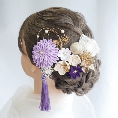 T11 つまみ細工　ドライフラワー　髪飾り　紫　パープル　卒業式　袴　成人式　振袖　結婚式　和装