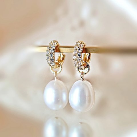 【2way】FRESHWATER PEARL CZ HOOP EARRINGS