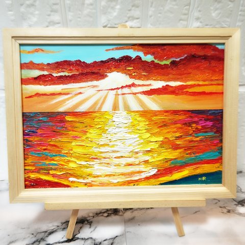 油絵 絵画 夕日の海 【Ａ4】