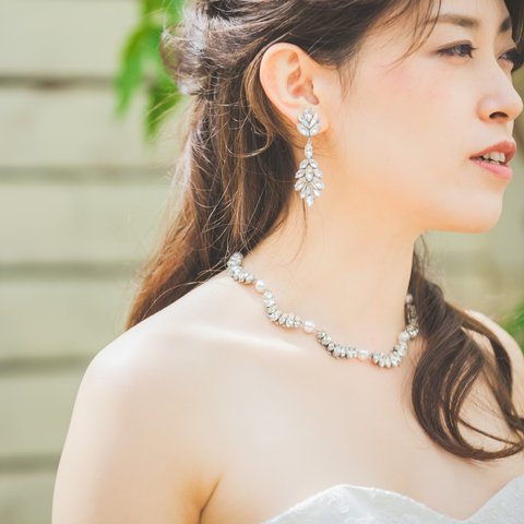 人気　パール　ブライダル　ウェディング　ネックレス　アクセサリー　ブライダルアクセサリー　ブライダルネックレス　結婚式　花嫁　シルバー　ビジュー　ブライダルアクセ　パールネックレス　N0005