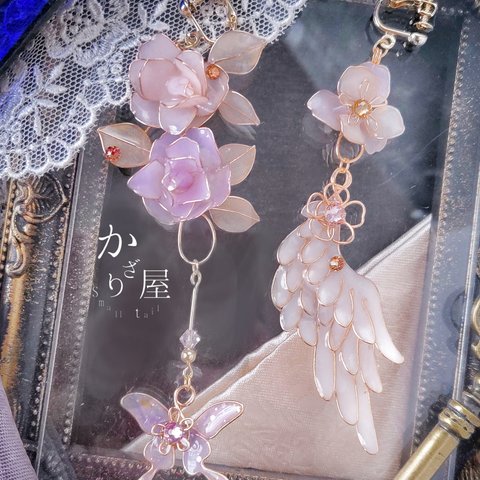 夢みるふたりの薔薇と翼のイヤリング（earrings of wings and blossom〜Eden of the mountains〜）