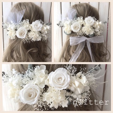 ❁‧˚₊*̥white rose ヘッドドレス❤︎リボン チュール付き‧₊*̥❁