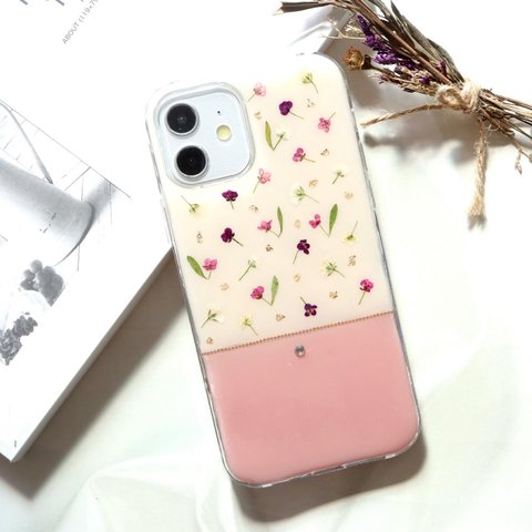 くすみピンクとアリッサム♡  押し花iPhoneケースiPhone13 12 SE2 スマホケース Android Galaxy Xperia シンプル クリアケース  全機種 韓国