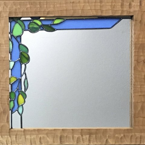 【一点物】リーフデザイン　ミラー　木枠　鏡　　ステンドグラス