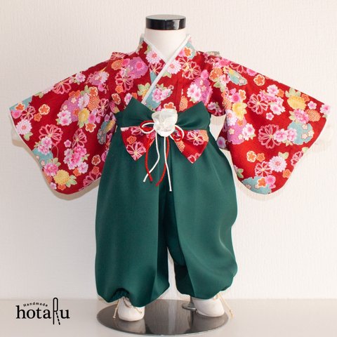 赤い紬の着物と袴パンツのセット【80,90サイズ】