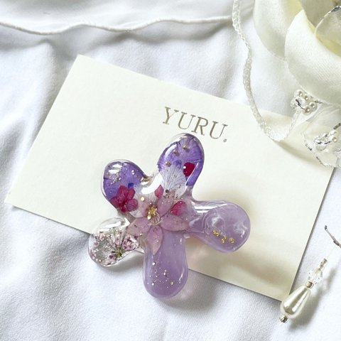 花 ヘアクリップ 手描き 華彩<はないろ>  むらさき ドライフラワー 押し花 レジン 紫