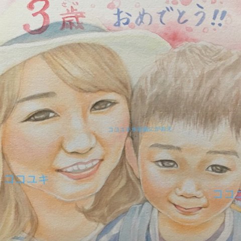 小色紙にがおえ2名様（リアルな水彩画にがおえオーダー・入園入学卒業卒園、父の日、母の日、敬老の日、出産祝い、お誕生日・還暦や米寿のお祝い、金婚式や銀婚式、赤ちゃん、お子様。2人