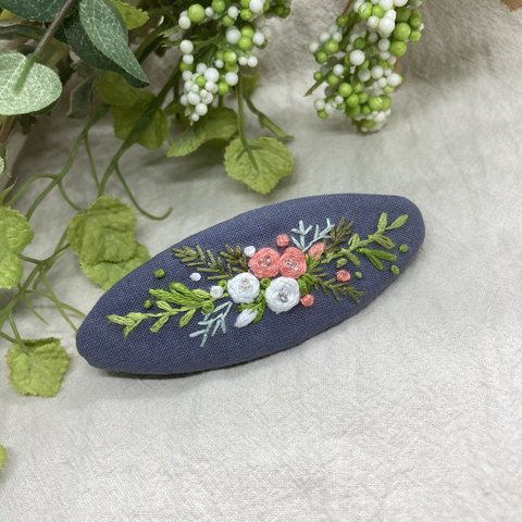 rose garden 刺繍バレッタ  (大) グレー  