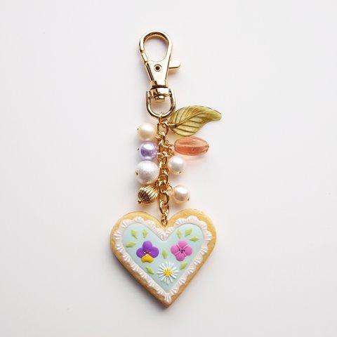 ハート×お花/ブルー　Icing cookie Bag Charm