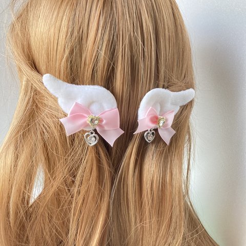 天使の羽根♡キラキラリボンヘアクリップ(ピンク)　地雷系/量産型/ロリータ/ゴスロリ/可愛い