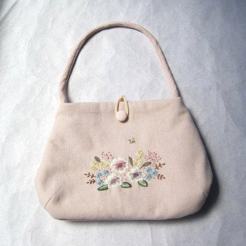 お花と蜂の刺繍ミニトートバッグ
